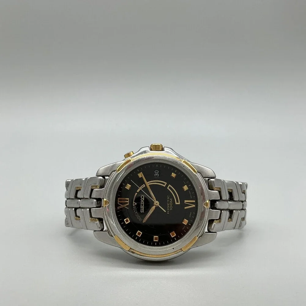 Seiko Kinetic Mens Watch 37mm Black Dial 5M62-0AE0 Date New Capacitor 6.75